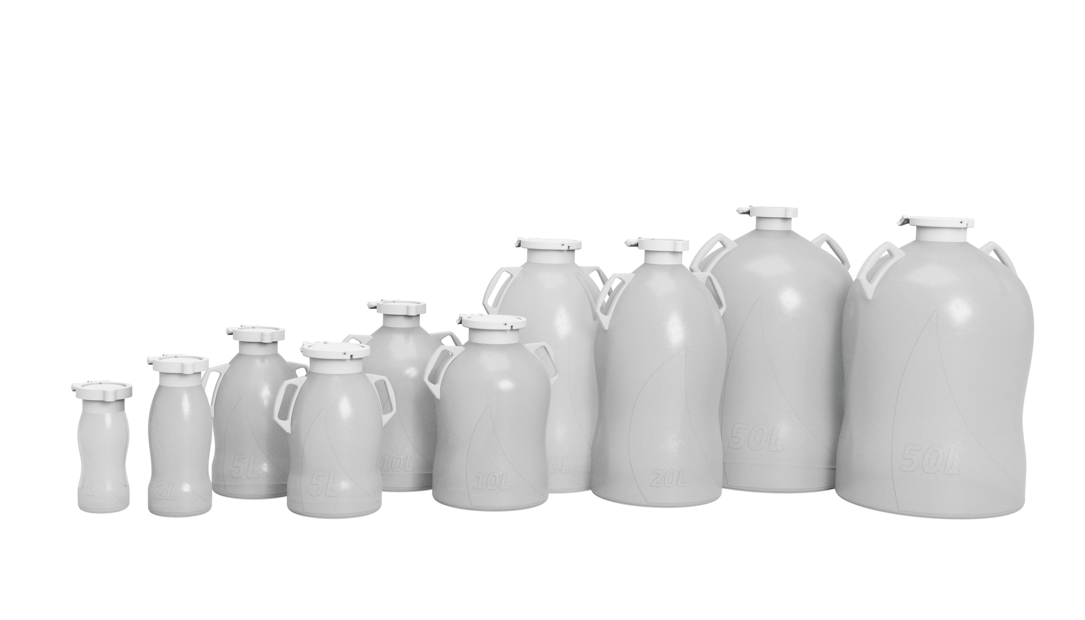 Single-use polypropylene bottles and carboys designed for bioprocessing, available in sizes from 1 liter to 50 liter with customizable handles, ports, and dip tubes. 